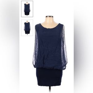 Blue mini dress, billowy at top tight at bottom